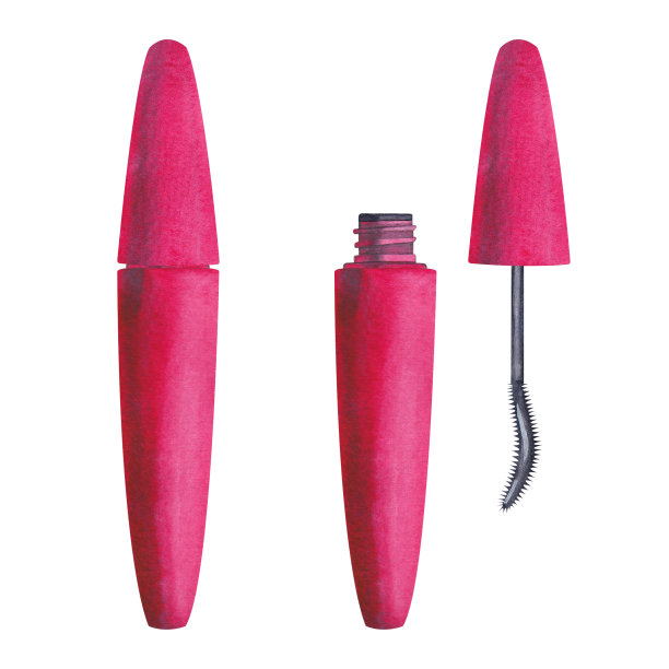 水彩美容时尚睫毛膏在白色背景上的粉红色插图。适合明信片。手绘图片下载