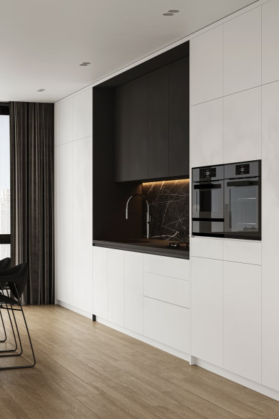 全景极简豪华厨房的角落，黑色大理石岛台，木地板，白色橱柜和带凳子的酒吧。有窗帘的大窗户。3 d渲染。高质量3d插图图片下载