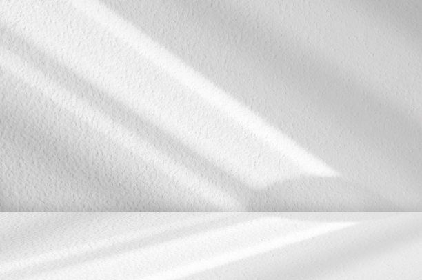 混凝土墙纹理与树叶阴影在水泥地板背景，空白色，灰色工作室房间与桌面，背景背景春季或夏季化妆品展示，模拟美容演示图片下载