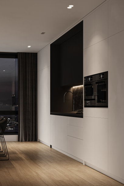 全景极简豪华厨房的角落，黑色大理石岛台，木地板，白色橱柜和带凳子的酒吧。有窗帘的大窗户。3 d渲染。高质量3d插图图片下载