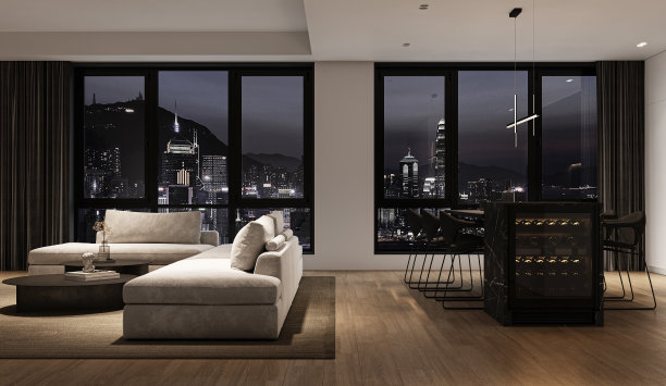 现代灰色极简室内客厅，配有大型模块化沙发，全景窗户，夜城景观和大理石厨房岛。3 d渲染。高质量3d插图图片下载