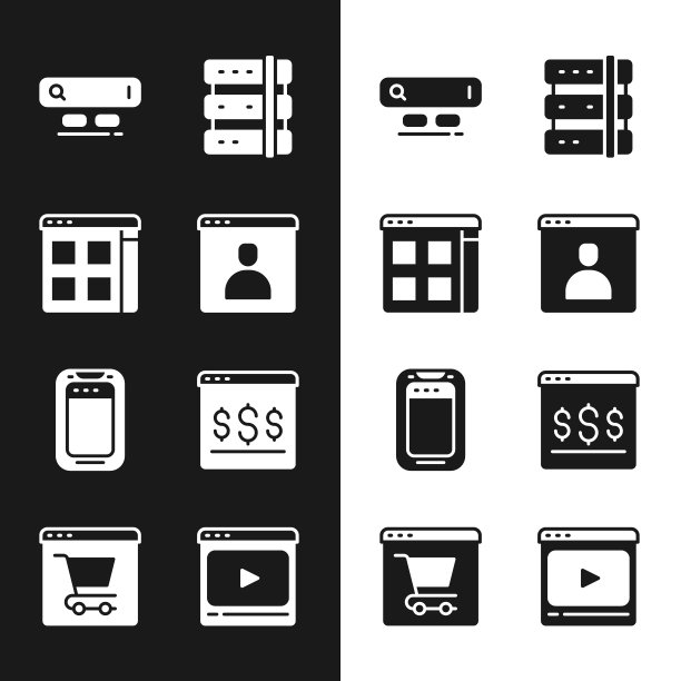 设置创建账户界面，浏览器文件，搜索引擎，服务器，手机，网上购物，播放视频和图标。向量图片下载