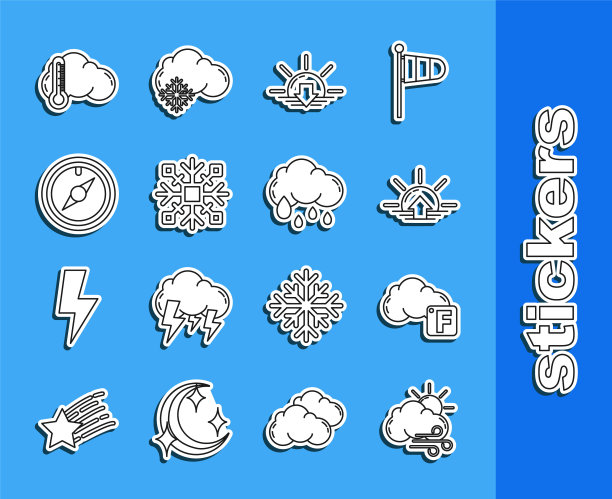 设置线大风天气，华氏度和云，日出，日落，雪花，玫瑰，温度计和云与雨图标。向量图片下载