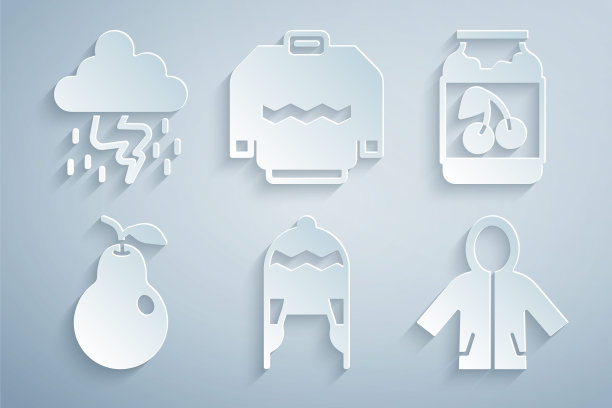 设置冬帽，果酱罐，梨，雨衣，毛衣和风暴图标。向量图片下载