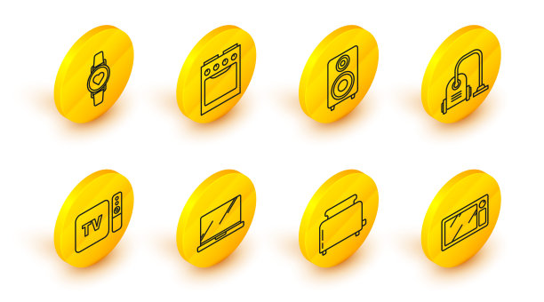 设置线微波炉，烤面包机，笔记本电脑，电视盒接收器和播放器遥控器，吸尘器，立体声扬声器，烤箱和智能手表显示心率图标。向量图片下载