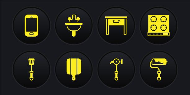 集抹刀，煤气灶，砧板，锤子，家具床头柜，脸盆，油漆滚筒刷和手机图标。向量图片下载