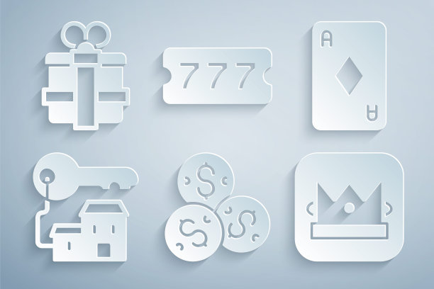 集赌场芯片与美元，打牌钻石，获胜的房子钥匙，国王玩，彩票和礼盒图标。向量图片下载