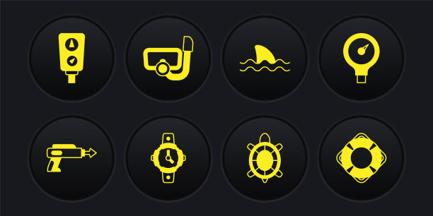 集钓鱼鱼叉，刻度，潜水手表，海龟，鲨鱼，面罩与通气管，救生圈和图标。向量图片下载