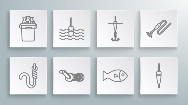 设线钓鱼钩和蠕虫，浮水，纺线卷轴钓鱼，线与桶鱼图标。向量图片下载