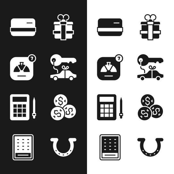 集汽车礼品，幸运轮，信用卡，礼盒，宾果，赌场芯片与美元，马蹄铁和彩票图标。向量图片下载