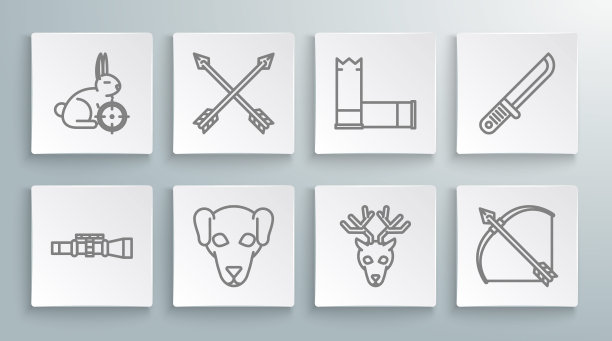设置线狙击手光学瞄准具，交叉箭头，猎犬，鹿头与鹿角，弓和箭袋，子弹，猎人刀和兔子十字准星图标。向量图片下载