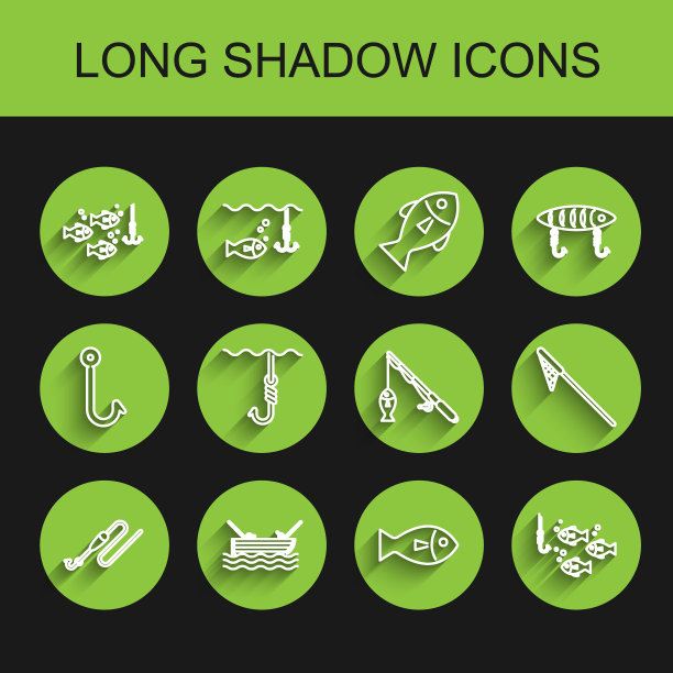 带鱼钩和浮子的钓鱼线，在水面上的船钓鱼竿，下面，网和图标。向量图片下载