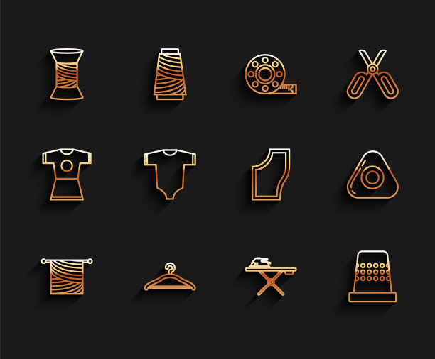 采购产品线编织，衣架衣柜，缝纫线线轴，电熨斗和熨衣板，顶针缝纫，婴儿服装，粉笔和图案图标。向量图片下载