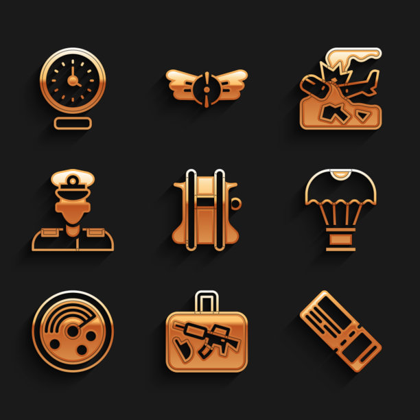 集降落伞，行李箱，机票，箱子在降落伞上飞行，雷达与目标监视器，飞行员，飞机坠毁和时钟图标。向量图片下载