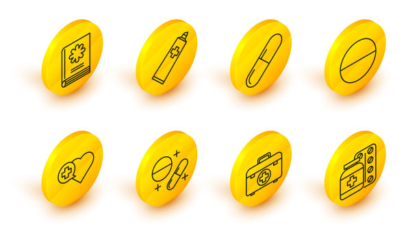 集线药瓶和药片，急救箱，或片剂，心带十字，药膏膏管药和医学书籍图标。向量图片下载