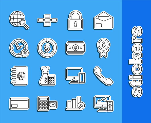 在电脑显示器和手机上设置线财务图表或图形，锁，带美元符号的硬币，24小时时钟，放大镜地球仪和堆栈纸现金图标。向量图片下载