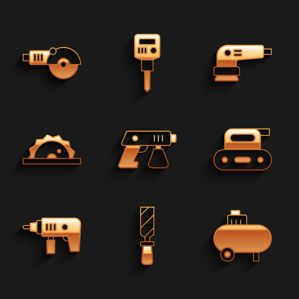 集喷漆枪，锉刀，空气压缩机，电动刨床工具，钻床，圆锯，磨砂机和角磨床图标。向量图片下载