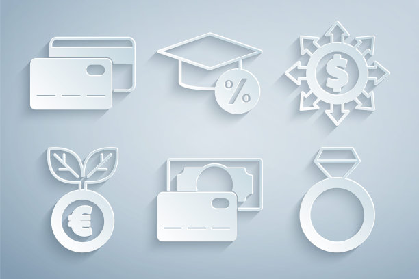 集信用卡，美元，股份，网络，欧元工厂，钻石订婚戒指，毕业帽和硬币和图标。向量图片下载