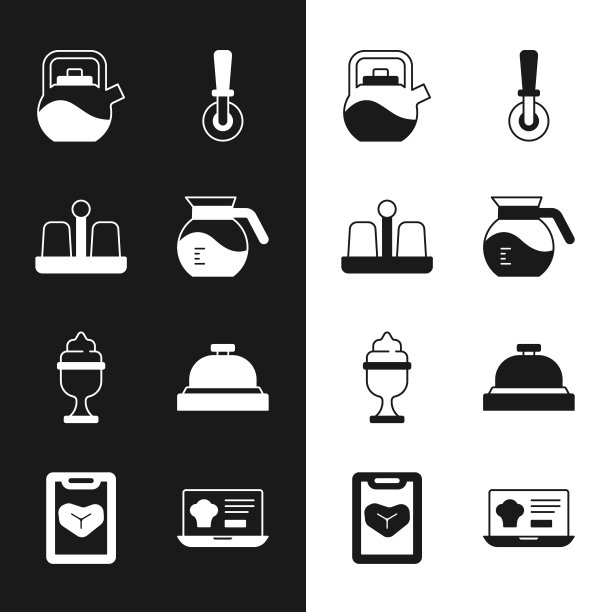 设置咖啡壶，盐和胡椒，水壶与手柄，比萨刀，冰淇淋在碗，酒店服务铃，网上订购送货和餐厅咖啡厅菜单图标。向量图片下载