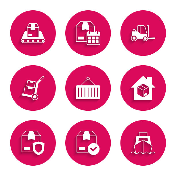 设置起重机上的集装箱，带复选标记的包装箱，货船箱交付，家庭服务，交付安全防护盾，手推车和叉车和传送带图标。向量图片下载