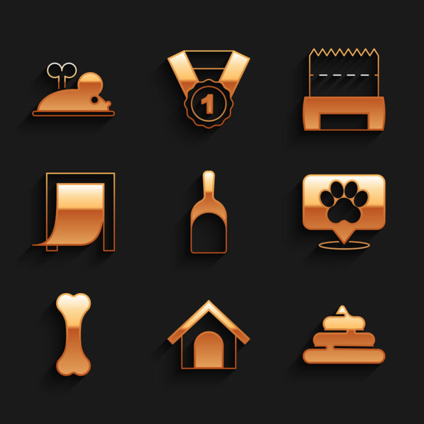 设置簸箕，狗窝，狗屎，位置兽医医院，骨头，宠物门，狗屎袋和发条鼠标图标。向量图片下载