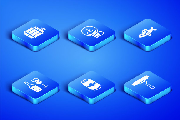 设置香肠在叉子上，木桶架，啤酒罐，瓶子和玻璃，欢乐时光和干鱼图标。向量图片下载