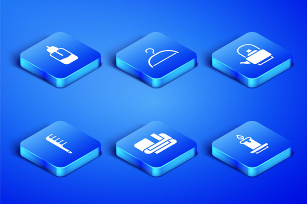 集芳香蜡烛，精油瓶，毛巾堆，发刷，衣架衣柜和水壶处理图标。向量图片下载