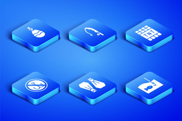 设置鱼钩与鱼，勺子，橡胶鳍游泳，没有钓鱼，杆和引爆炸药炸弹棒图标。向量图片下载