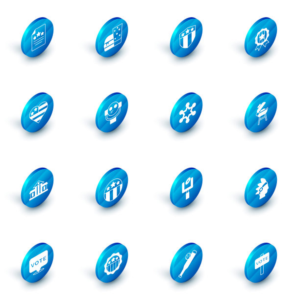 集汉堡，盾与星星，奖章，美国独立日，白宫，游客双筒望远镜，烧烤架和六角警长图标。向量图片下载