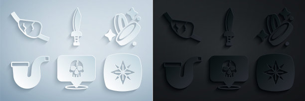 集骷髅，海盗硬币，烟斗，风玫瑰，剑和眼罩图标。向量图片下载