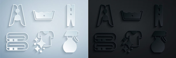 设置干衣，衣夹，毛巾堆，水喷瓶，温度洗涤和图标。向量图片下载