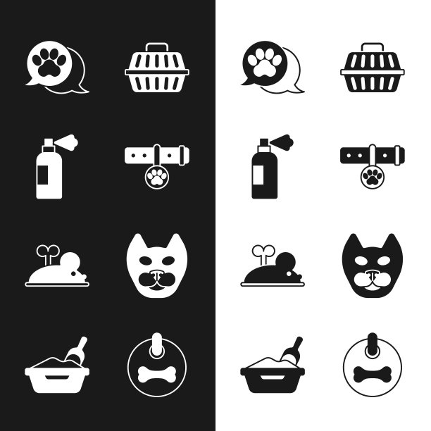 集项圈与名牌，宠物洗发水，爪印，手提箱，发条鼠标，猫，狗项圈和垃圾托盘铲图标。向量图片下载