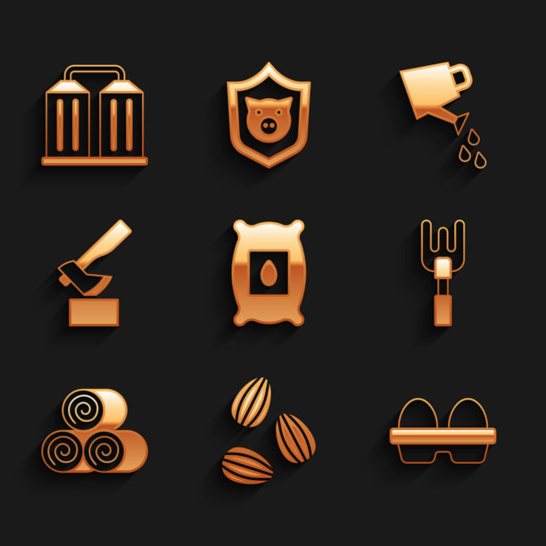 集包充满种子的植物，种子，鸡蛋在盒子里，花园耙，滚干草，木斧，洒水罐和粮仓图标。向量图片下载