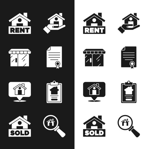 设置房屋合同，市场商店，挂签与租金，房地产经纪人，位置房子，搜索和文字出售图标。向量图片下载
