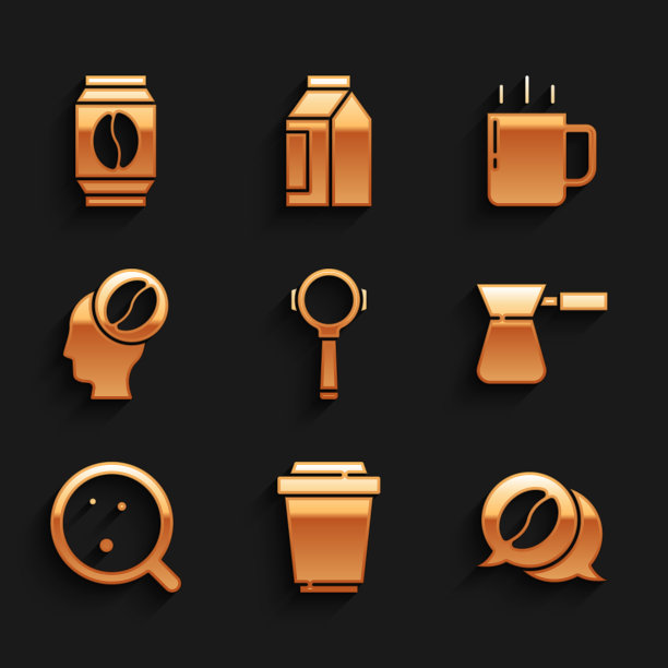 设置咖啡过滤器支架，杯子去，和谈话，土耳其，咖啡师，和袋咖啡豆图标。向量图片下载