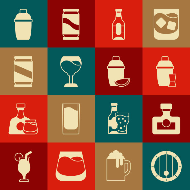 设置木桶，酒精饮料朗姆酒，鸡尾酒摇壶，啤酒瓶，葡萄酒杯，罐头，并与石灰图标。向量图片下载