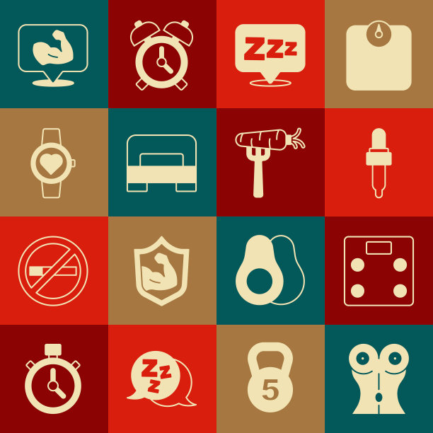 设置女性腰部，浴室秤，移液器与油，困，大床，智能手表，健美运动员肌肉和胡萝卜叉图标。向量图片下载