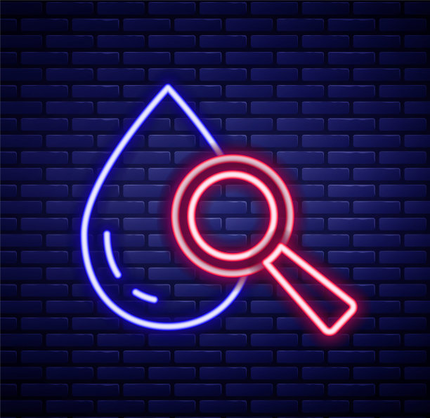 发光的霓虹灯线下降和放大镜图标孤立的砖墙背景。色彩缤纷的轮廓概念。向量图片下载
