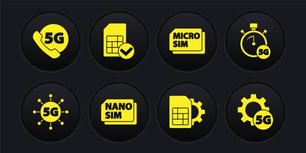 5G网络、数字速度计和Nano SIM卡设置图标矢量素材图片下载