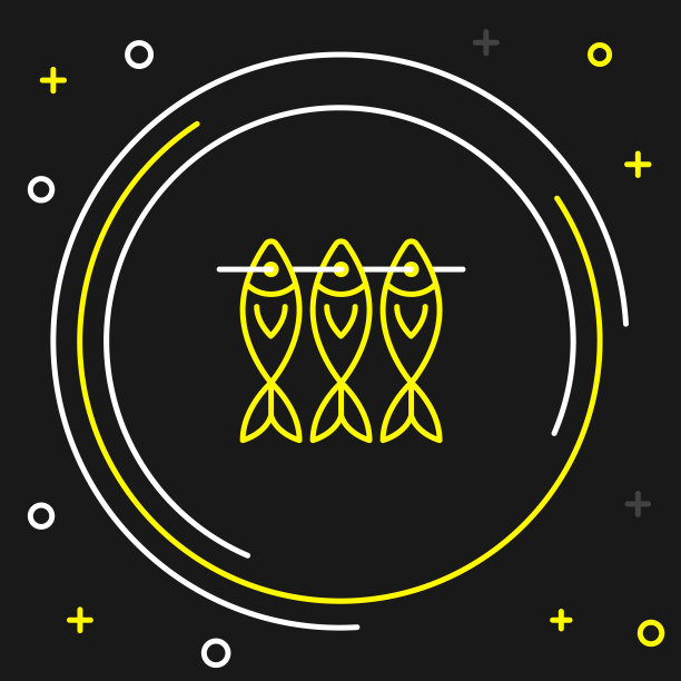 线干鱼图标孤立的黑色背景。色彩缤纷的轮廓概念。向量图片下载