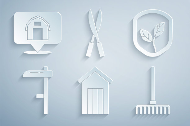 集木制户外厕所，盾牌与叶子，镰刀，花园耙，园艺手工剪刀和位置农场的房子图标。向量图片下载