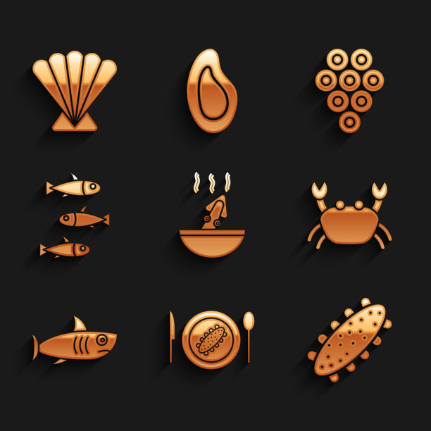 八爪鱼汤，盘中黄瓜，海，蟹，鲨鱼，鱼，鱼子酱和扇贝。向量图片下载