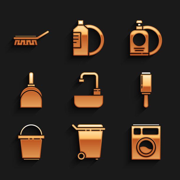 设置洗手盆水龙头，垃圾桶，洗衣机，粘合剂辊，桶，簸箕，洗洁精瓶和盘子和刷清洁图标。向量图片下载