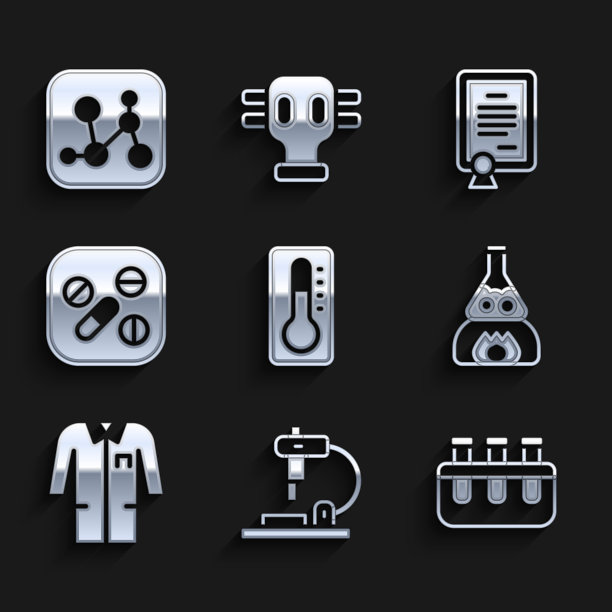 设置医用温度计，显微镜，试管和烧瓶，着火，实验室制服，药品片剂，证书模板和化学式图标。向量图片下载