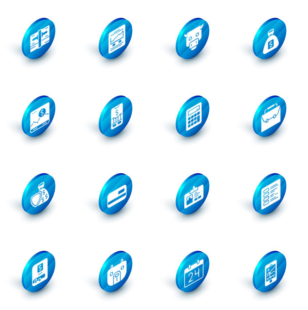 设置网站与增长图表，牛市，钱袋，盾和钱，移动股票交易，公文包和计算器图标。向量图片下载