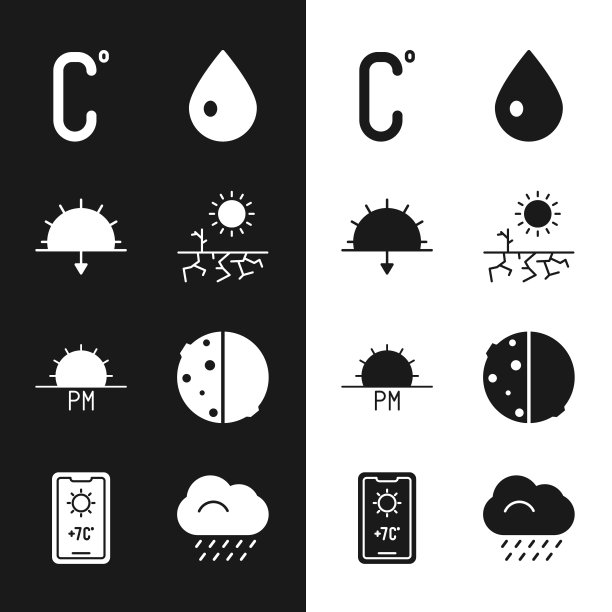 设置干旱，日落，摄氏，水滴，日食的太阳，云与雨和天气预报图标。向量图片下载