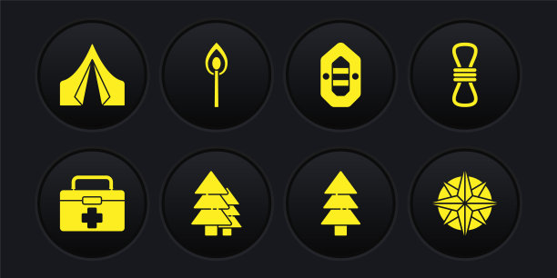 设置急救箱，攀岩绳，树，漂流船，用火燃烧的火柴，风玫瑰和旅游帐篷图标。向量图片下载