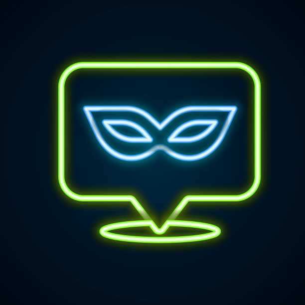 发光的霓虹线嘉年华面具图标孤立的黑色背景。化妆舞会面具。色彩缤纷的轮廓概念。向量图片下载