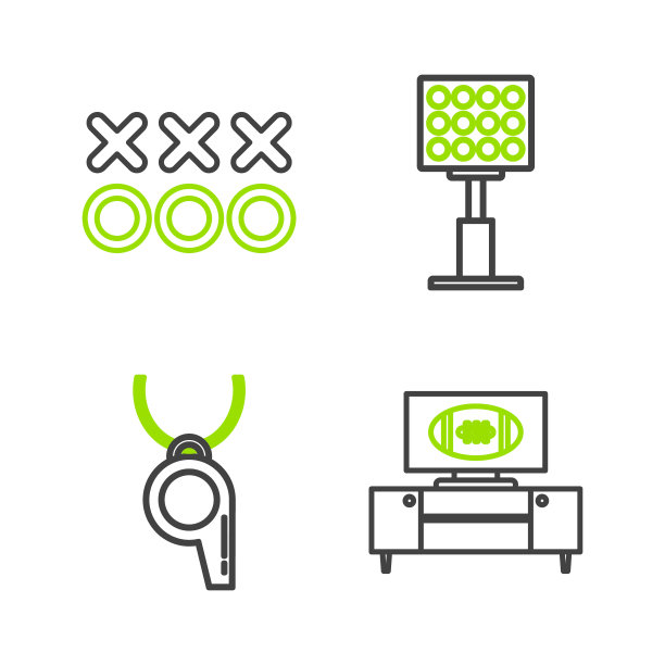 在电视节目和看台上设置美式足球，哨子，明亮的体育场灯光和规划战略概念图标。向量图片下载