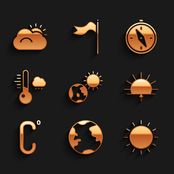 设置地球和太阳，太阳，日出，摄氏度，气象温度计，指南针和云图标。向量图片下载
